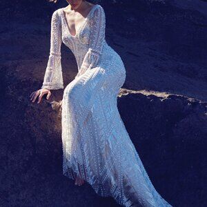 Justin Alexander Signature Collection Geometric Pearl Beaded Gown Bell Sleeves
